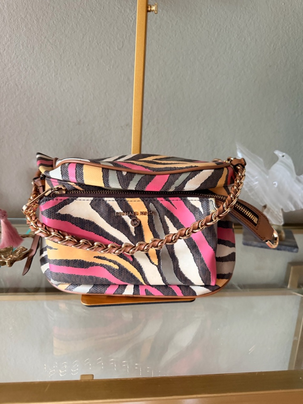 Michael Kors Zebra-Print Crossbody with Gold Chain - Pink, Yellow, Cream, Black
